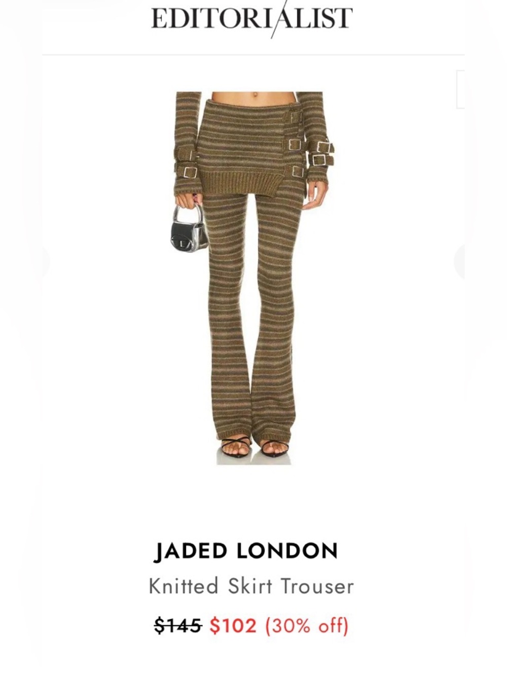 Jaded London Striped Knit Flared Pants Skirt in Olive Brown - Picture 2 of 15